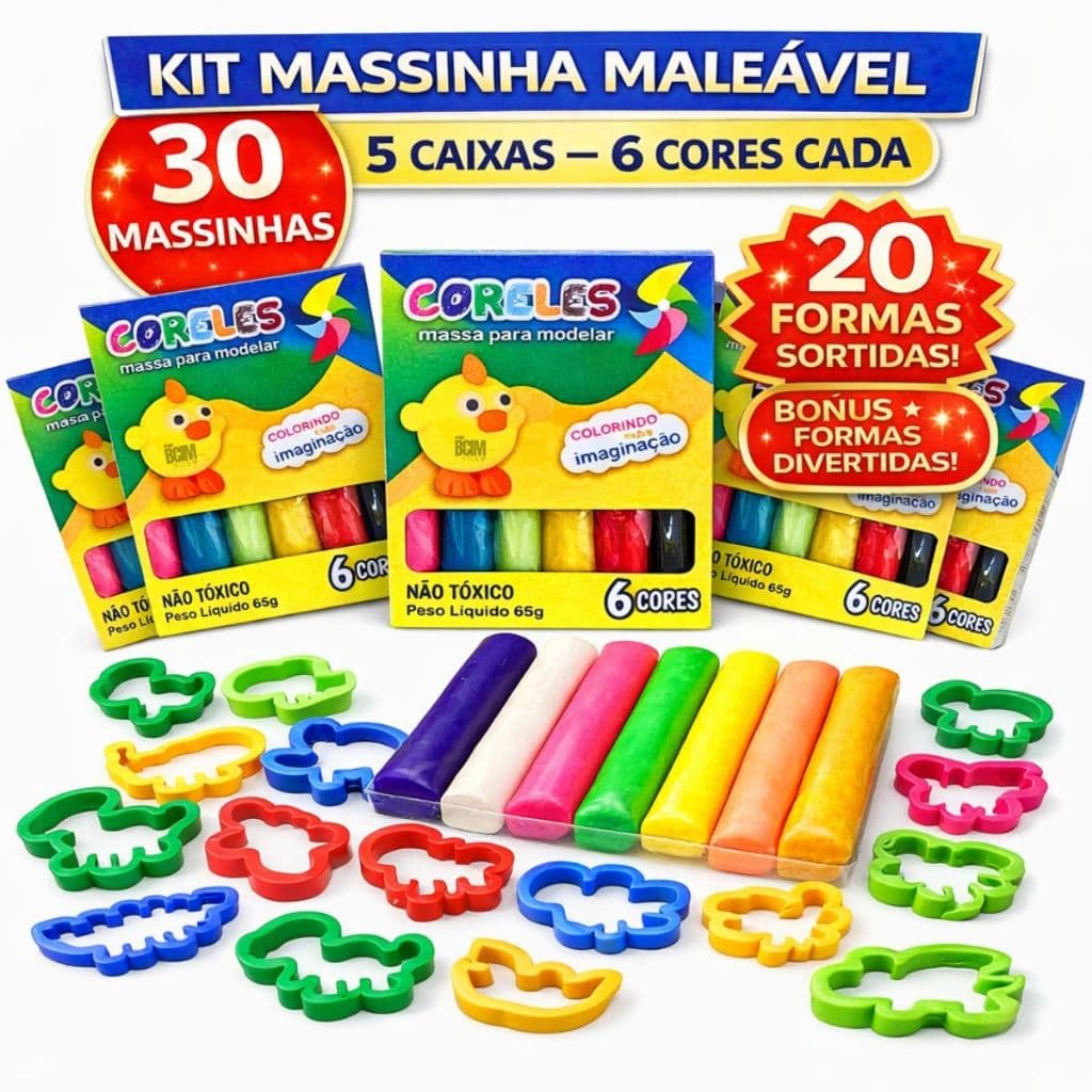 Kit 30 Unidades de Massinha + 20 moldes Forminhas Sortidas para modelar Infantil (5 caixas 65gr)