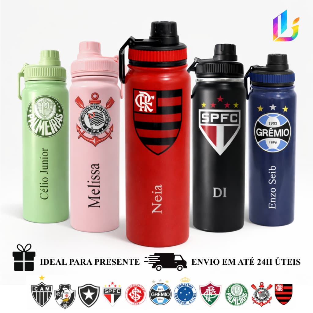 Garrafa Térmica Inox 800ml Personalizada com seu Time de Futebol Escudo - Presente Torcedor
