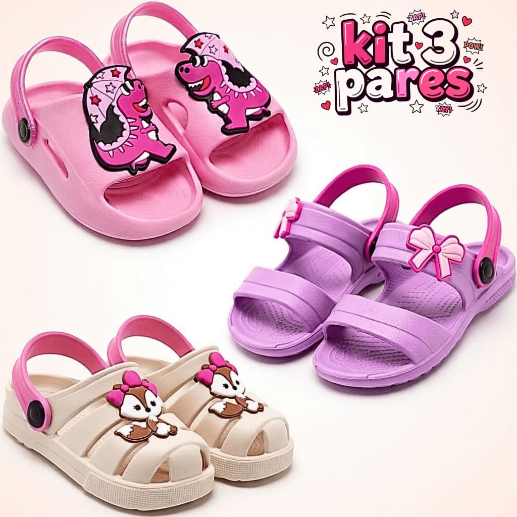 Kit 3 Pares Papete Sandália Infantil Menina Confortável Anatômica