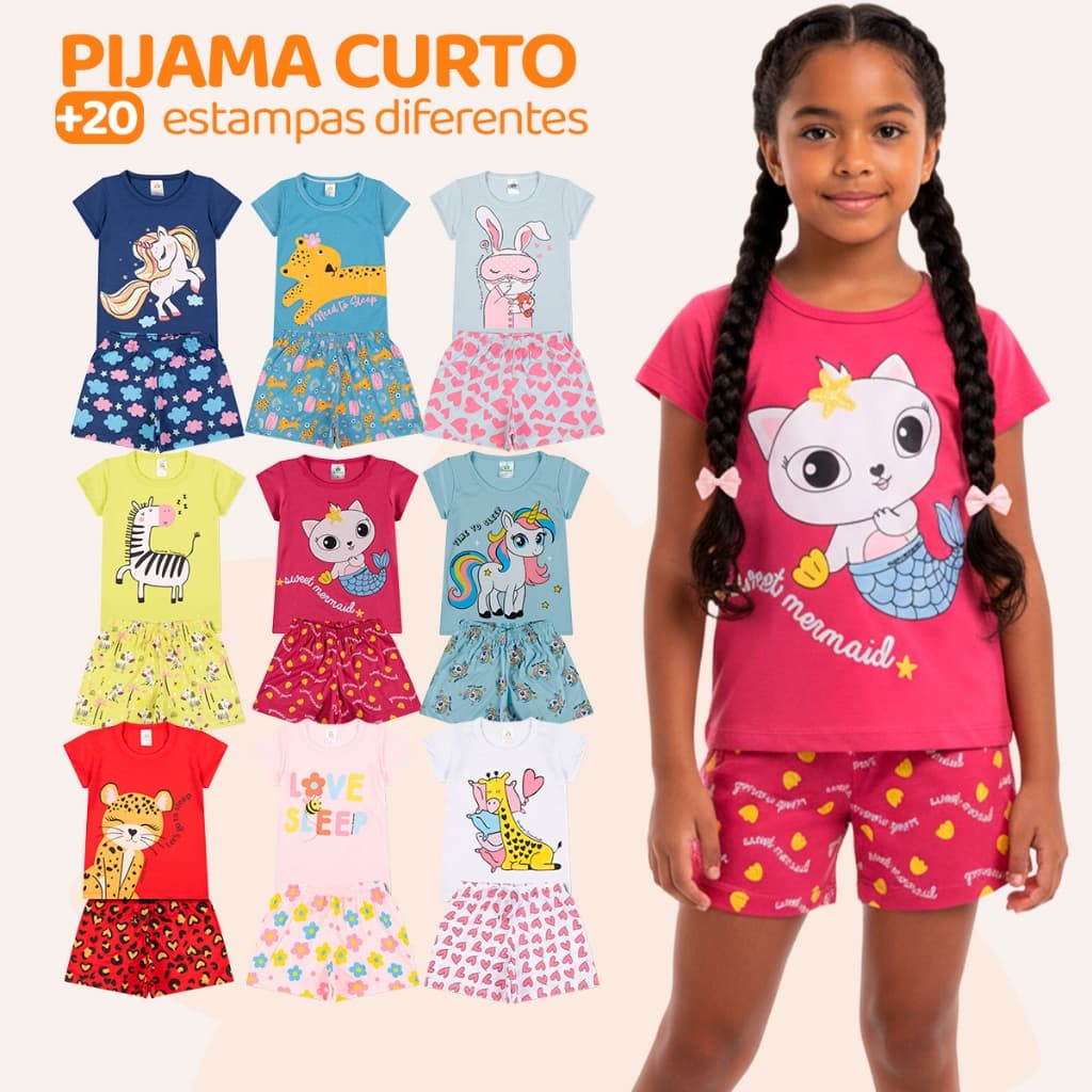 Kit Sortido 4 Pijama Infantil Menina - 4 Camisetas + 4 Bermudas - Kit com 4 Pijamas de Roupa Infantil Menina Verão Bebê