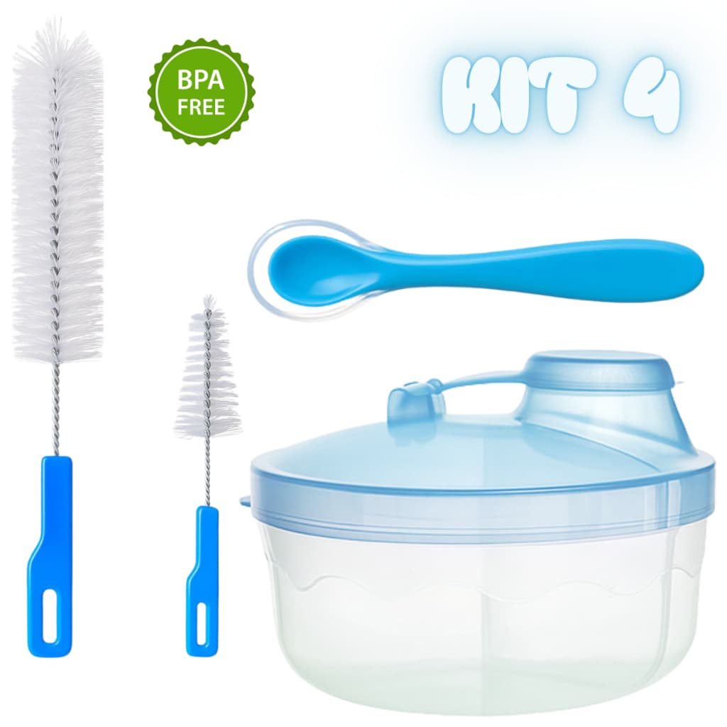 Kit Porta Leite em Pó + Escova de Mamadeira + Colher c/ Ponta de Silicone