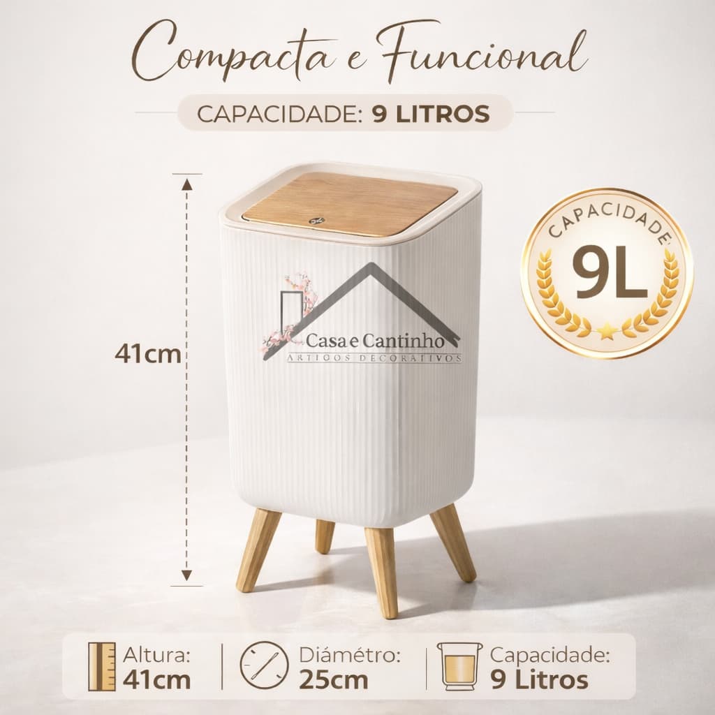 Lixeira De Plástico 9L Branca Chanfrada Com Pés De Bambu Tampa Click De Pressão Cozinha Banheiro