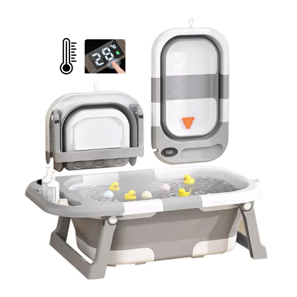 Banheira Bebê Dobrável CINZA Portátil com Termômetro Segurança Banho Infantil Compacta