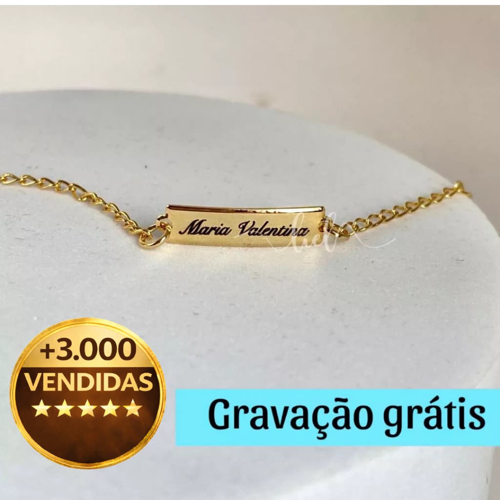 Pulseira Infantil RN Bebê Personalizada Com Gravação Nome Banhada A Ouro 18k Prata