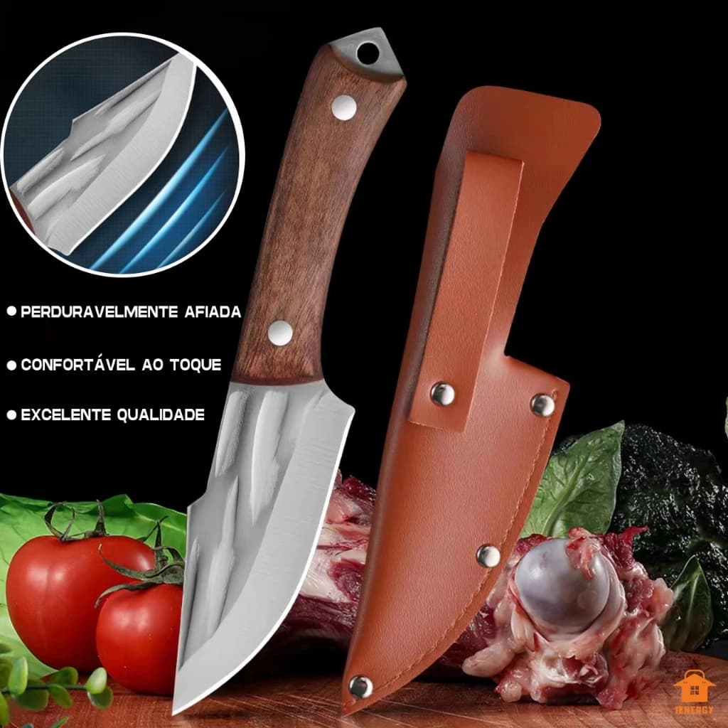 Faca Cutelo Forjado Artesanal Rustico Com Bainha Churrasco Desossar Carne Camping Chefe de Cozinha