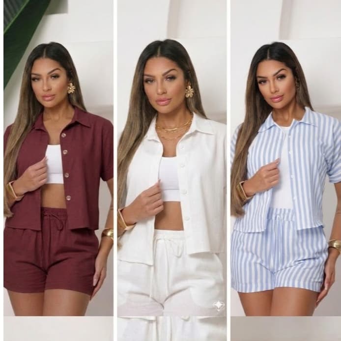 Conjunto Femenino Blusa com gola botão e short com bolso LISO e LISTRADOS.