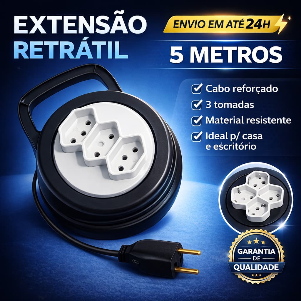 Extensão 3 em 1 retrátil de 5 metros,  110V  , com 3 entradas. Prática, compacta. (Cor variado)