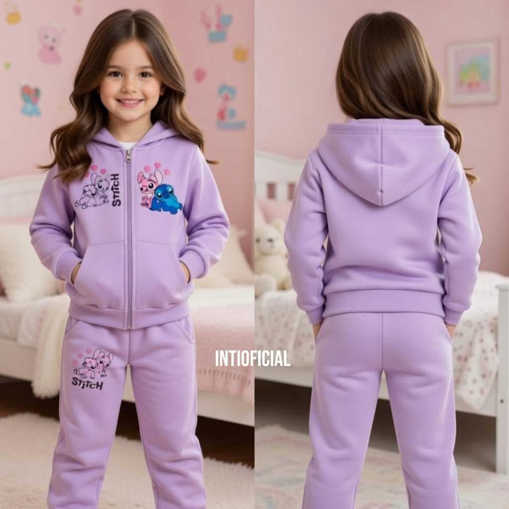 CONJUNTO MOLETOM INFANTIL FEMININO FRANELADO COM CAPUZ E ZÍPER , BORDADO STITCH TAMANHO 4 A 12