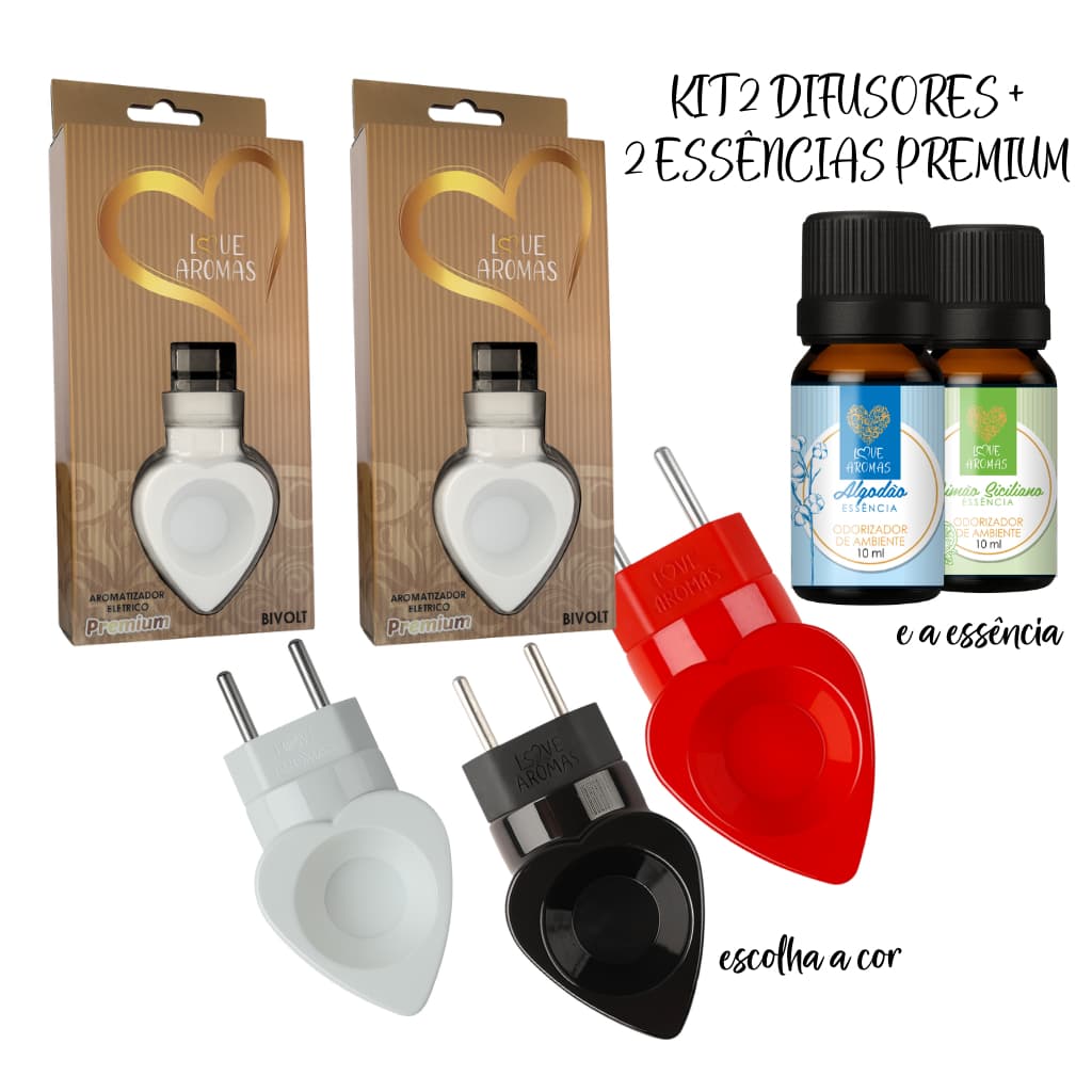 Kit 2 Difusor Elétrico Bivolt Formato de Coração + 2 Essências 10 ml - Escolha o Aroma