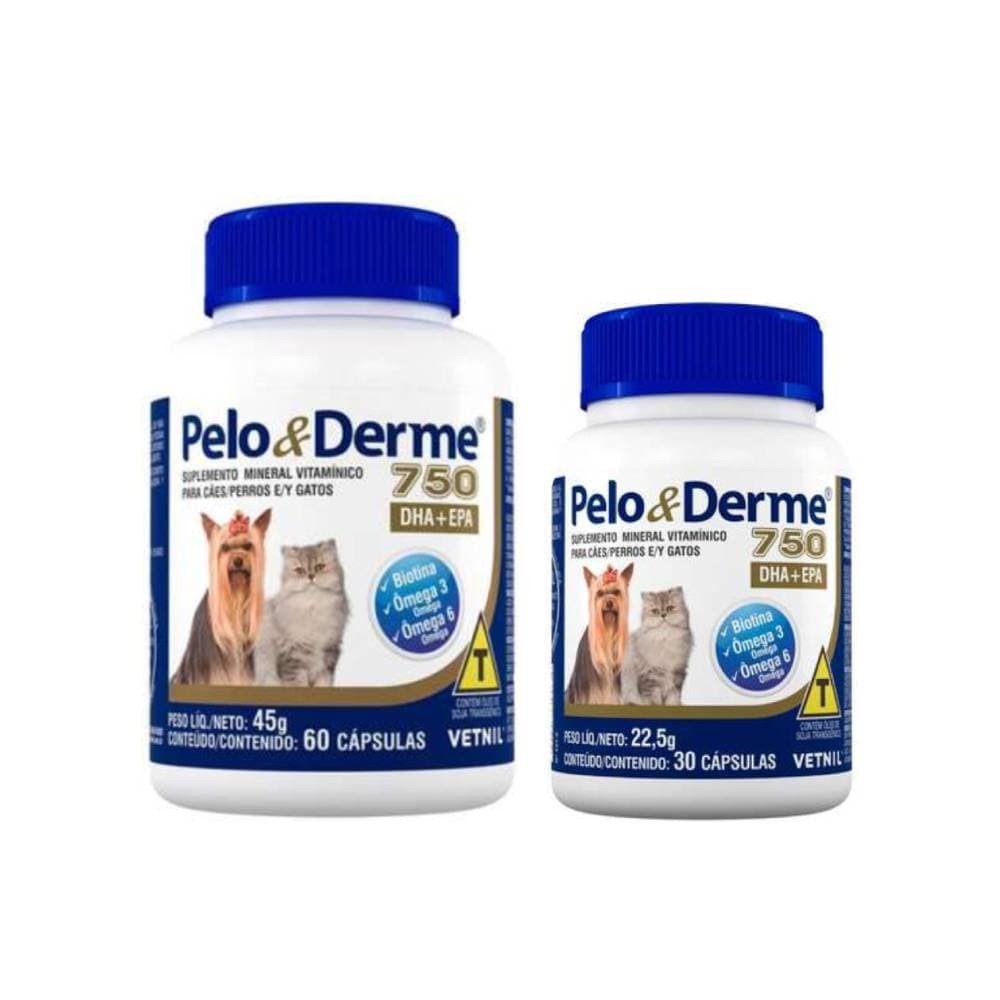 Pelo e Derme 750 Suplemento omega 3 e 6 dermatite 30 ou 60 comprimidos