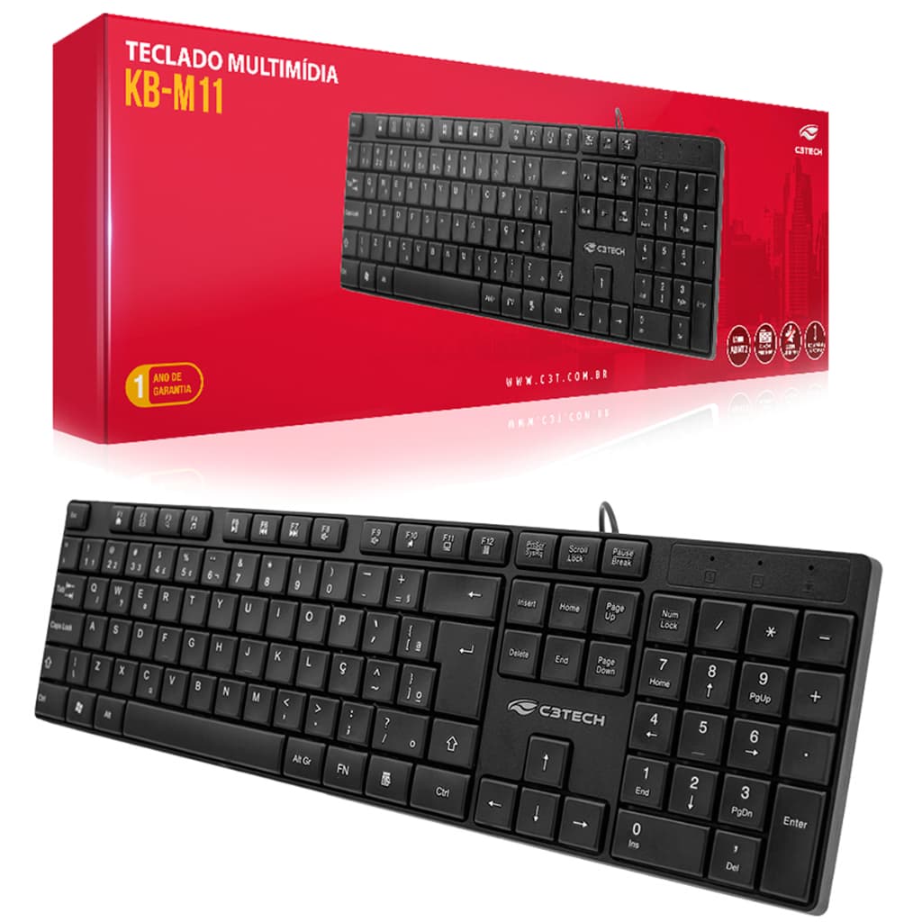 Teclado Com Fio 2 Metros USB C3Tech Multimídia Layout ABNT2 - KB-M11BK