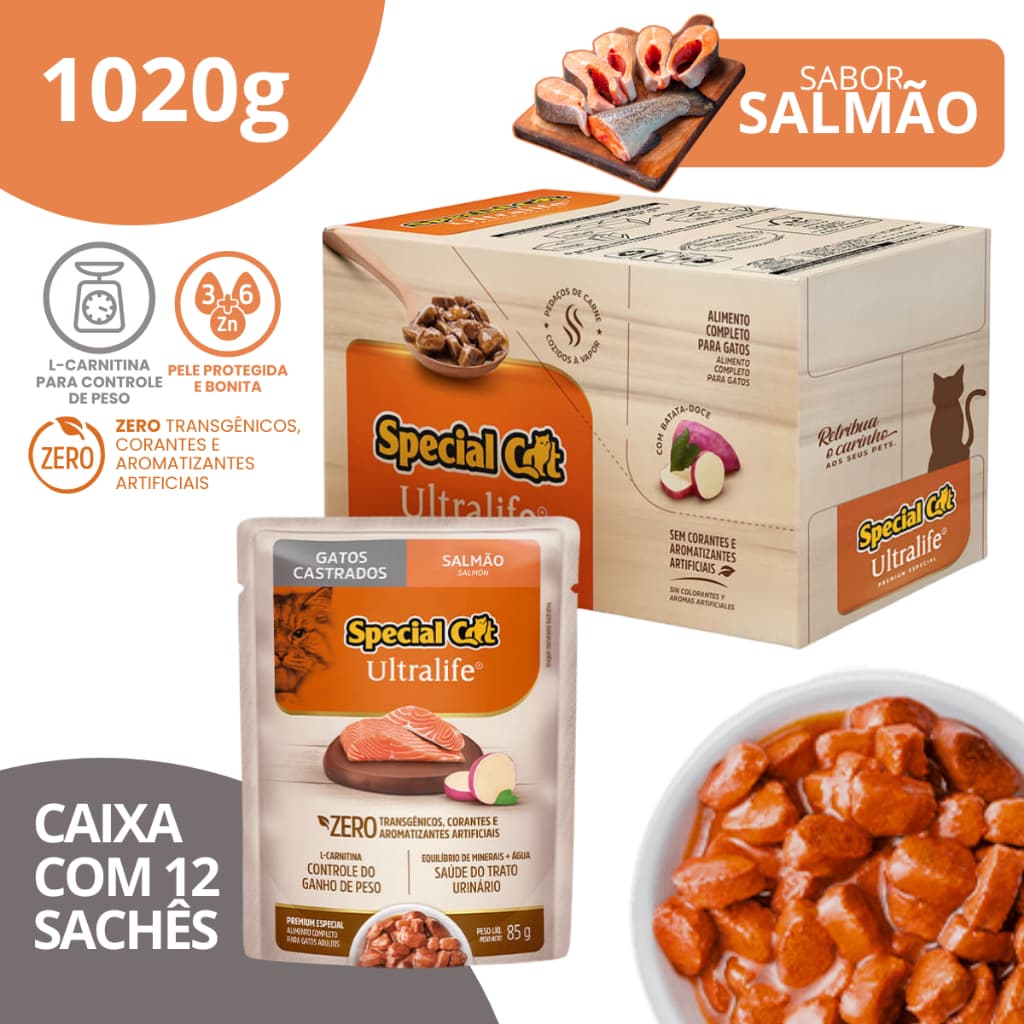 Caixa 12 Sachê Special Cat Ultralife Castrados Sabor Salmão - 85g