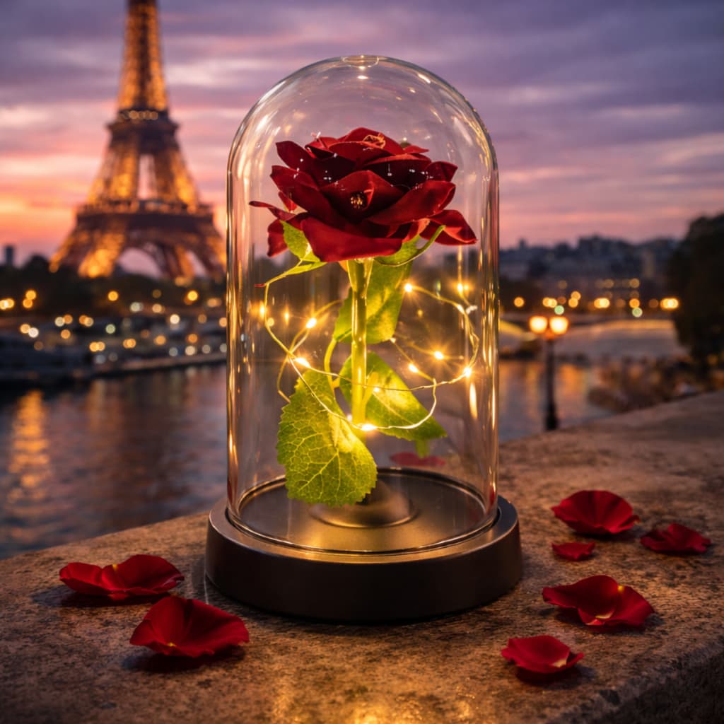 Rosa Encantada com Luz LED - Flor Eterna Decorativa em Cúpula de Acrílico Dia dos Namorados Mães