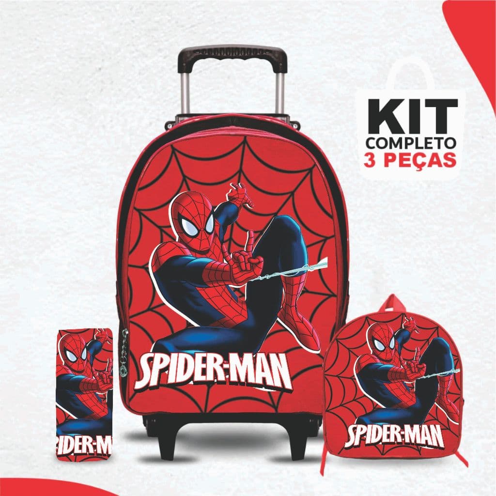 Kit mochila escolar Homem Aranha com lancheira e Estojo - com Rodinhas - Menino -Masculino