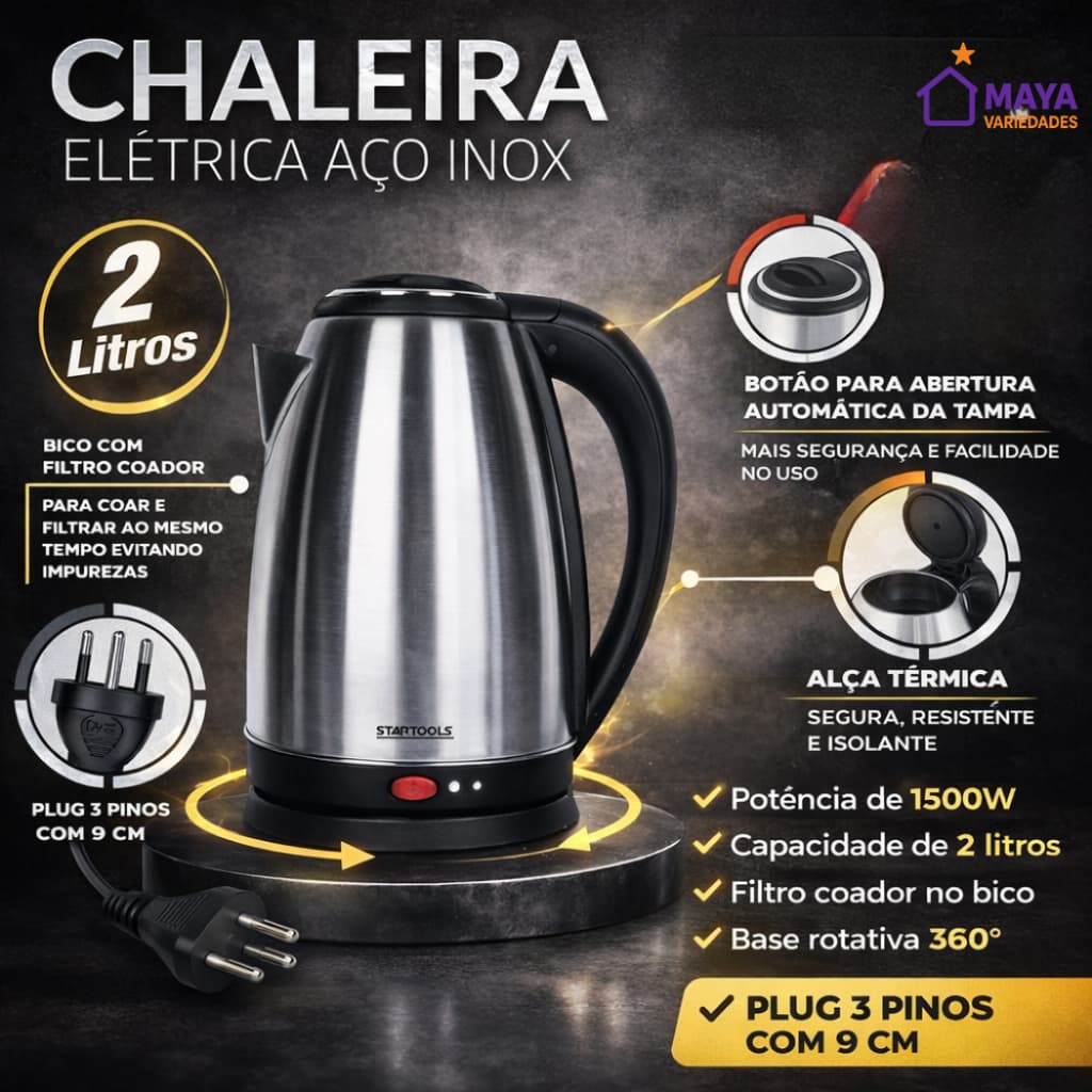 Chaleira Elétrica 2 Litros Inox 110V/220V Desligamento Automático Jarra Base 360° Para Água Chá Café