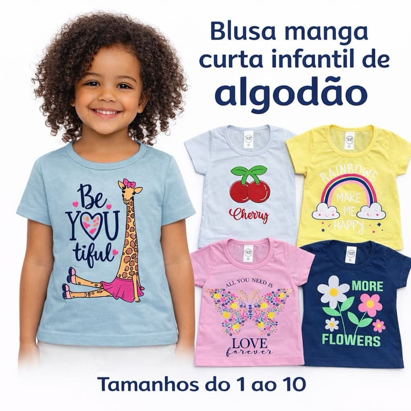 Kit 3 Blusas Manga Curta Infantil Menina Algodão Tamanhos 1 ao 10