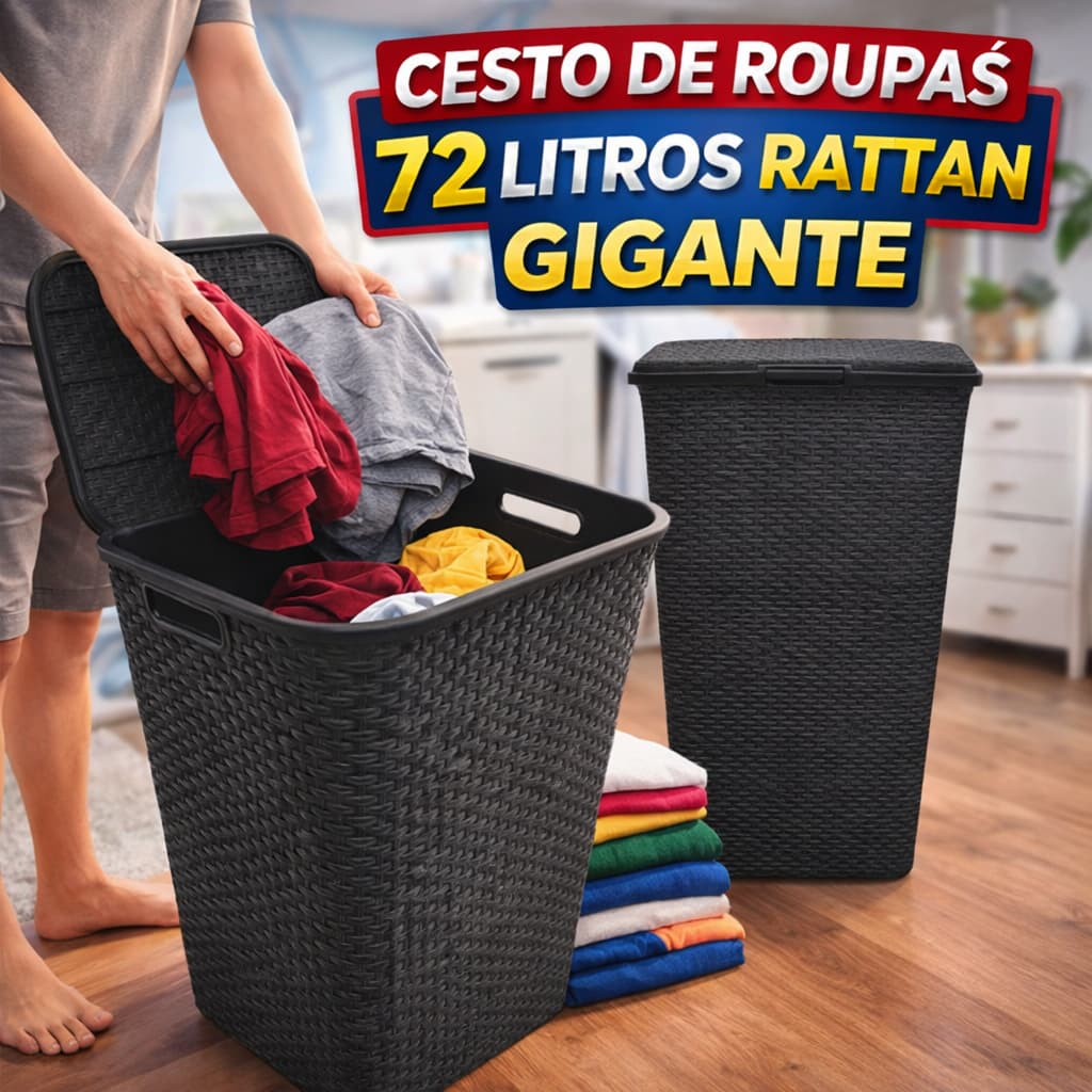 Cesto de Roupa Suja com Tampa 72 Litros Rattan para Lavanderia Banheiro Grande Família Multiuso