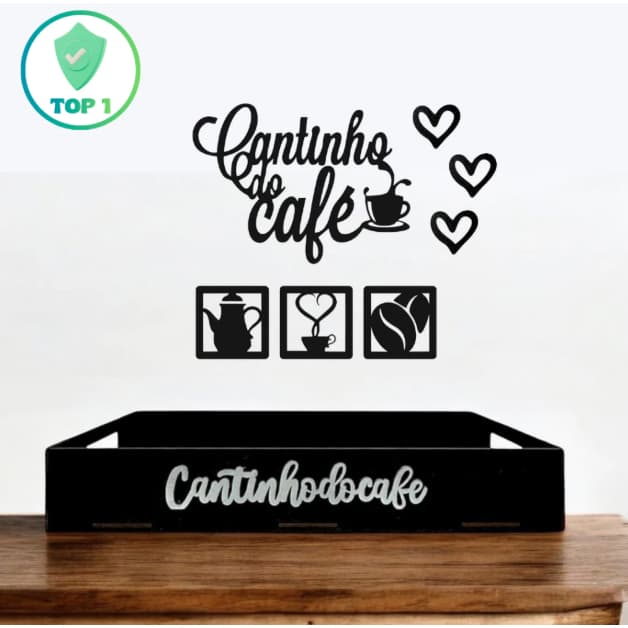 Aplique Cantinho do Café kit 7 peças + Bandeja MDF Preto com Coração Auto Relevo