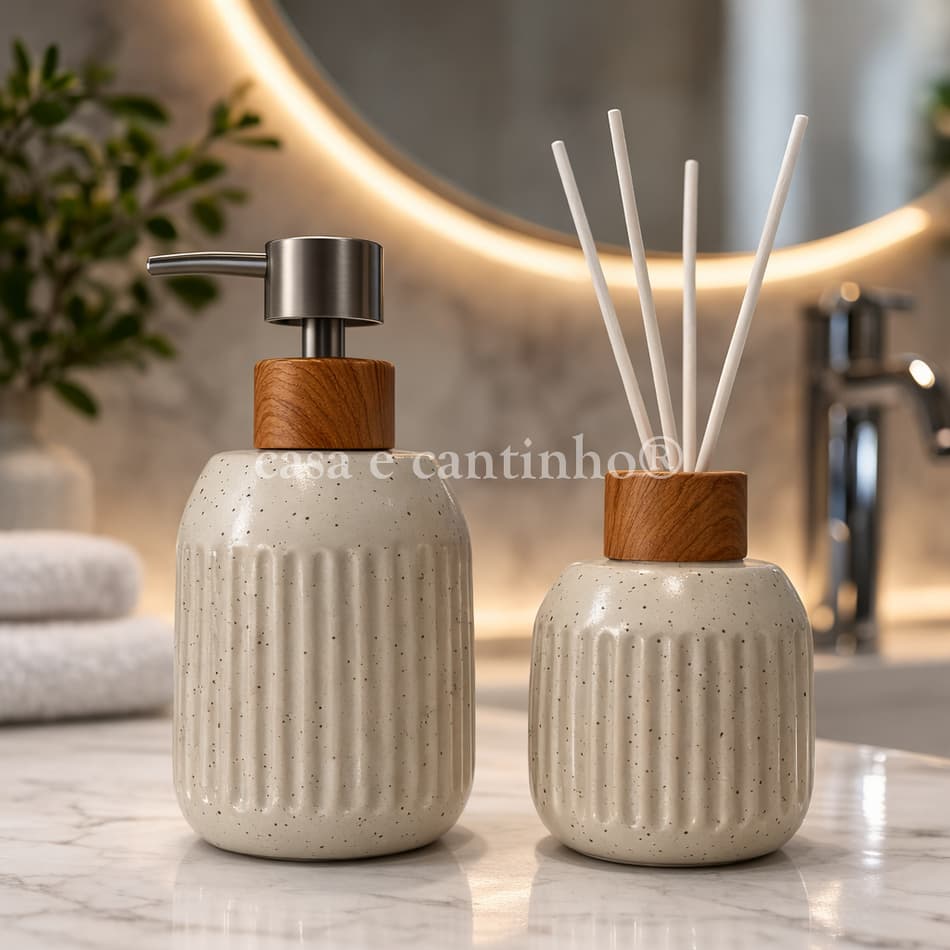 Kit Banheiro 2 Peças Lavabo Porta Sabonete Líquido Porta Escova Decorativo