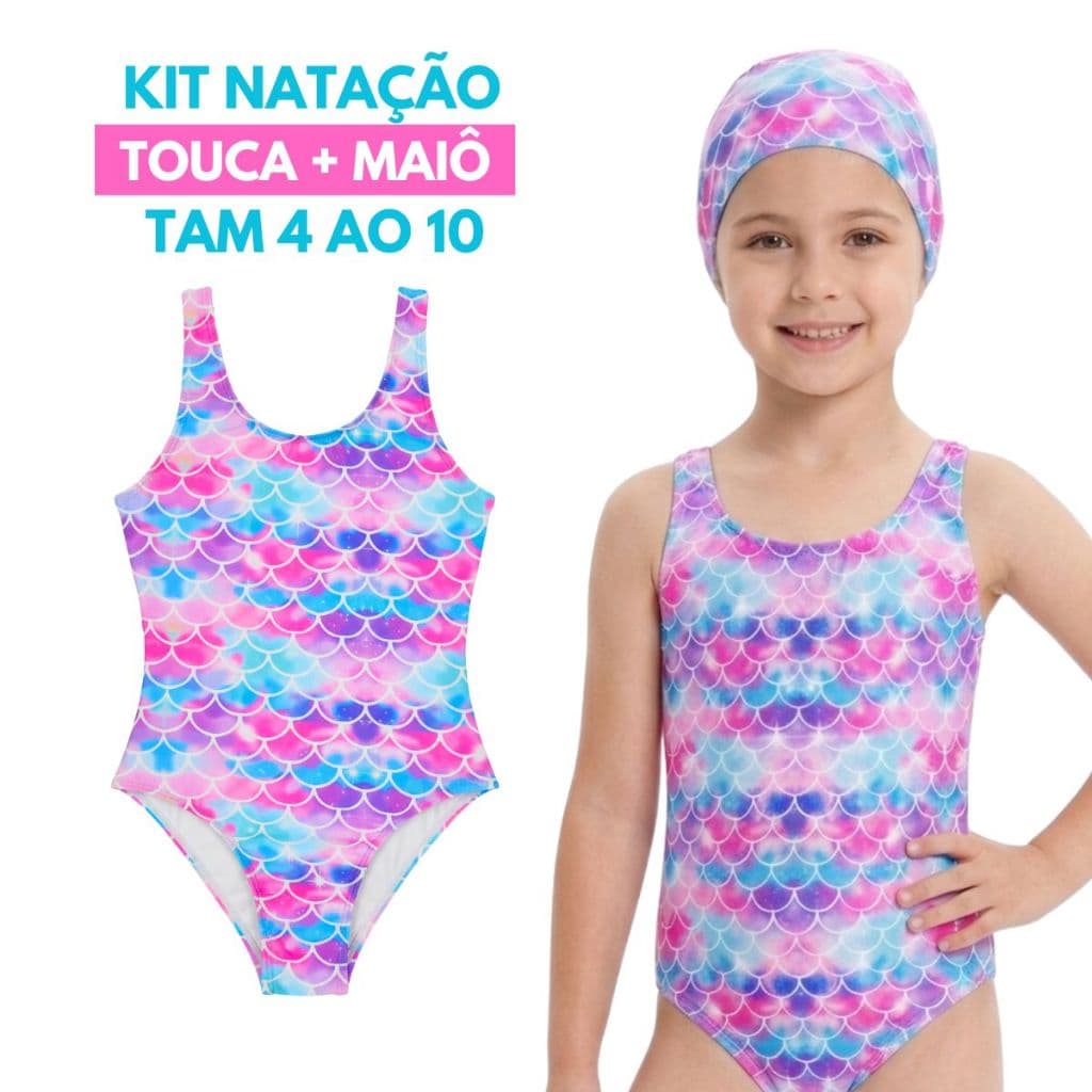 Kit Natação Infantil: Maiô Confort Plus + Touca de Tecido Tam 4 ao 10