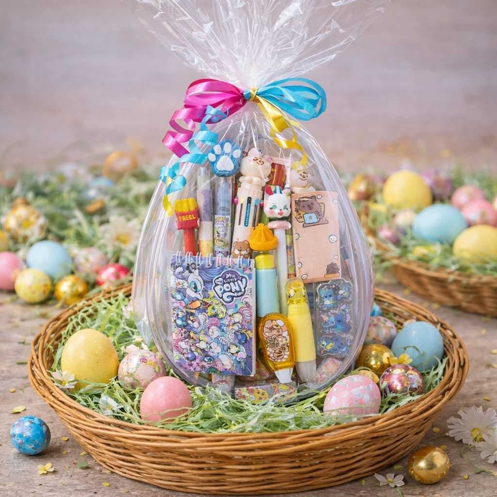 Kit 20 Itens Papelaria Fofa No Ovo De Páscoa Blister Recheado Com Caneta Adesivo Bloco De Notas Mimos Kawaii Personagem