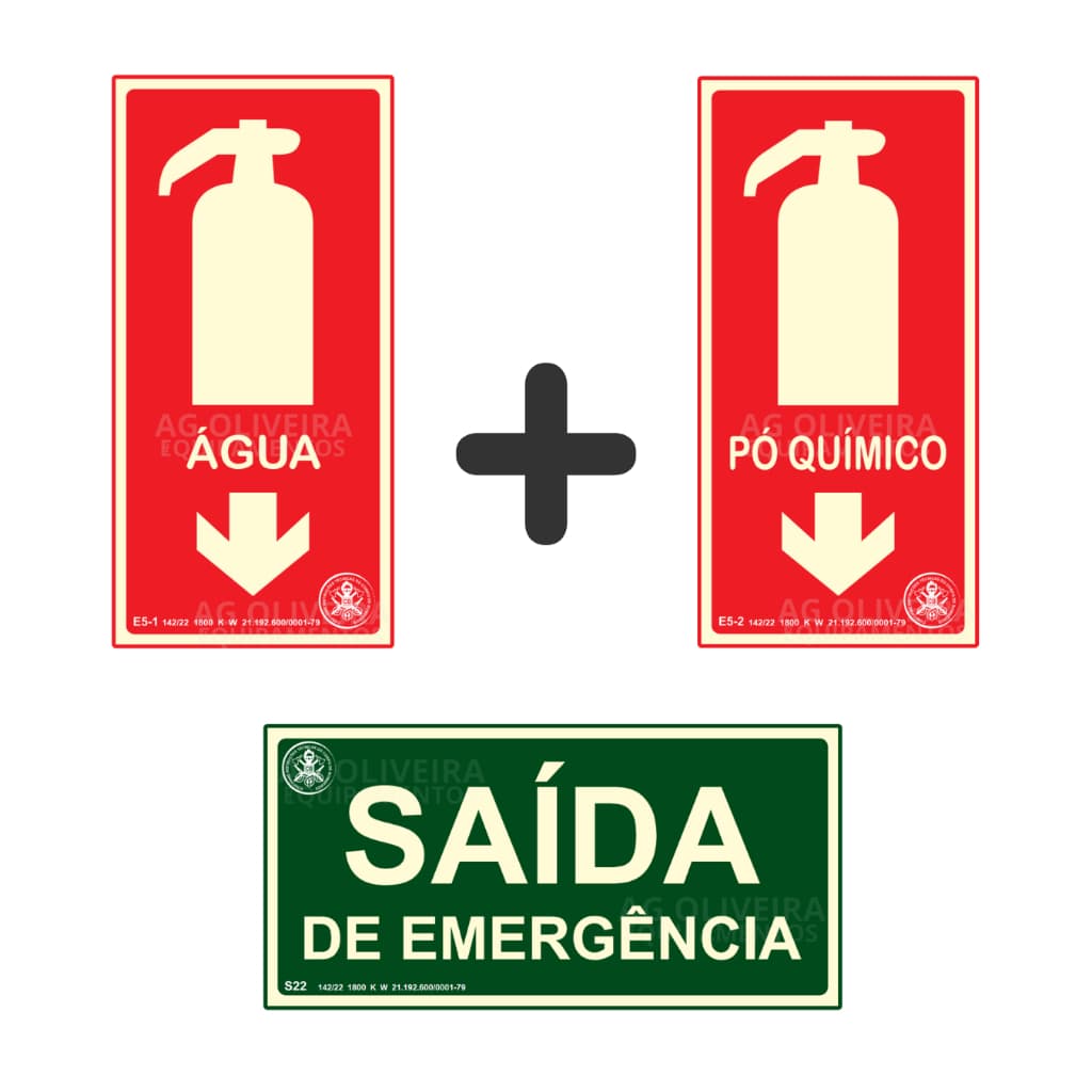 Kit Placa extintor + saída de emergência fotoluminescente 12x24 normativa bombeiro