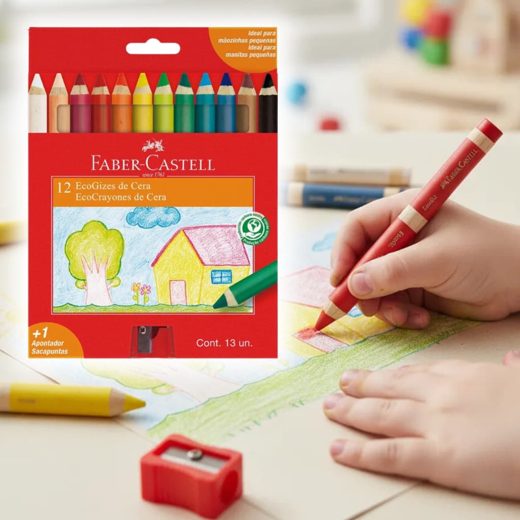 Giz De Cera Lápis De Cor Ecogiz Faber-Castell Com Corpo De Madeira Para Mãos Pequenas