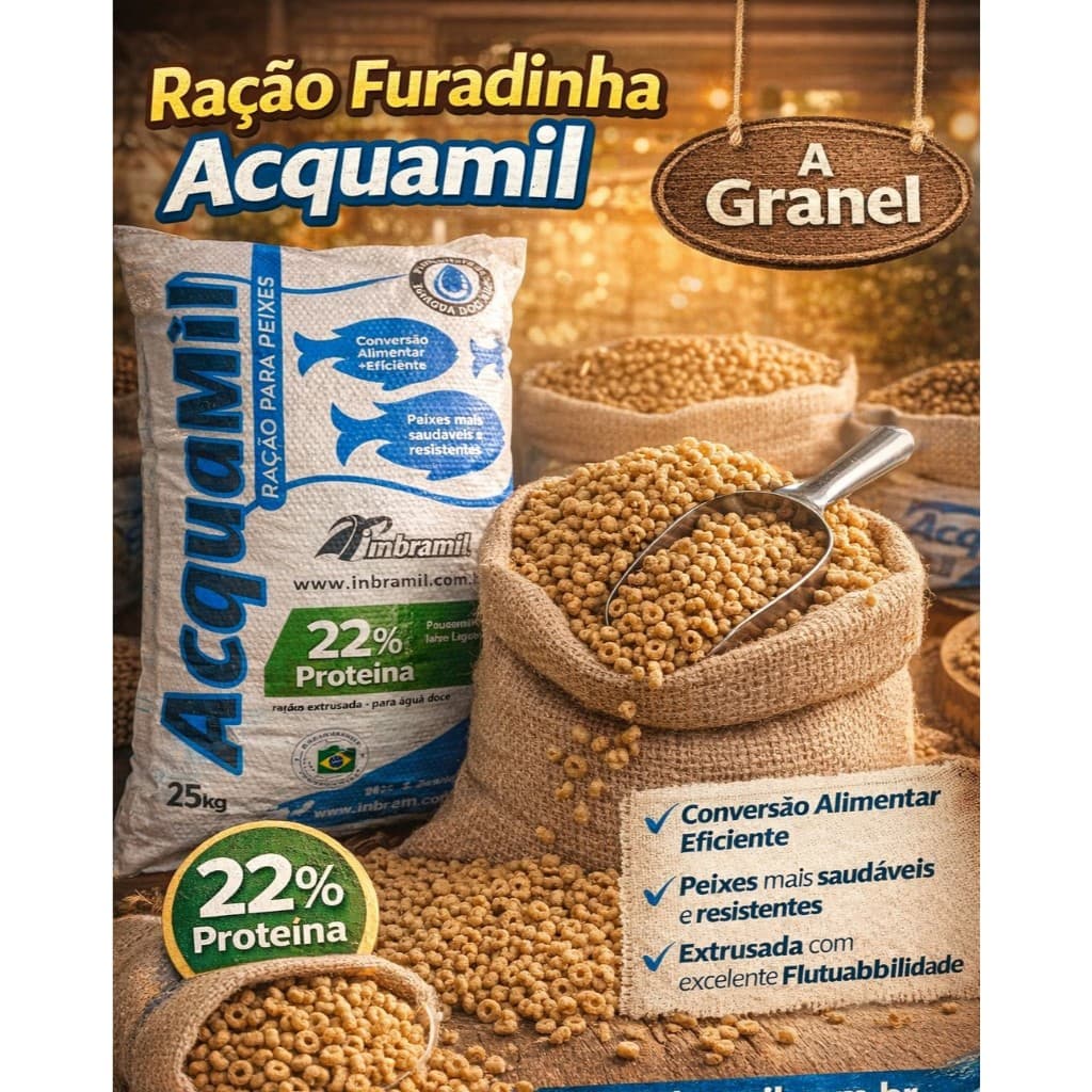 Raçâo de Peixe Furadinha 22% proteina acquamil com 12mm