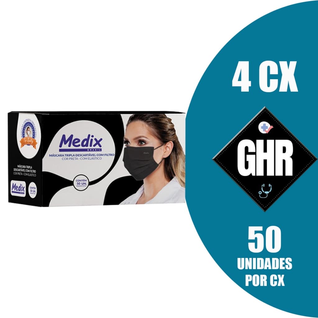 KIT 4CX Máscara Descartável Tripla Camada C/elástico Caixa C/50 Pçs Preta