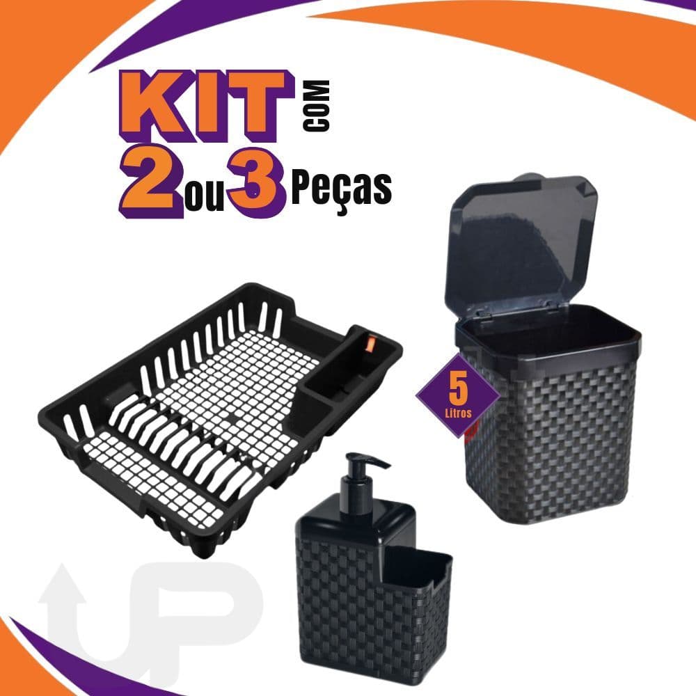 Kit Cozinha 2 ou 3 Peças  Multiuso – Lixeira 5L + Escorredor de Louça + Porta Detergente