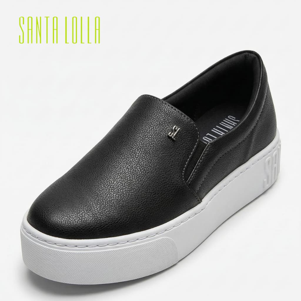Tênis Slip On Santa Lolla Feminino Plataforma New Pele Preto Confortável