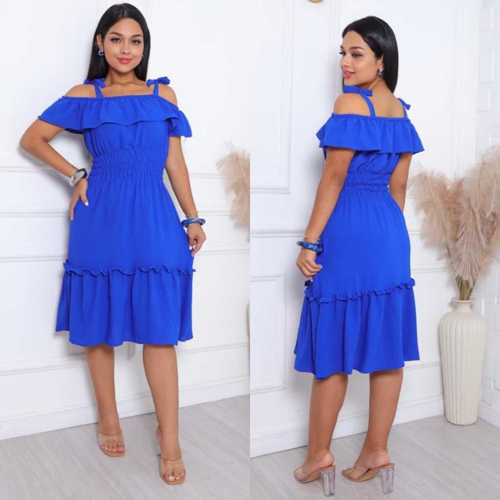 Vestido Midi Azul Ombro a Ombro com Babado – Feminino Elegante Casual Cintura Marcada Moda Verão