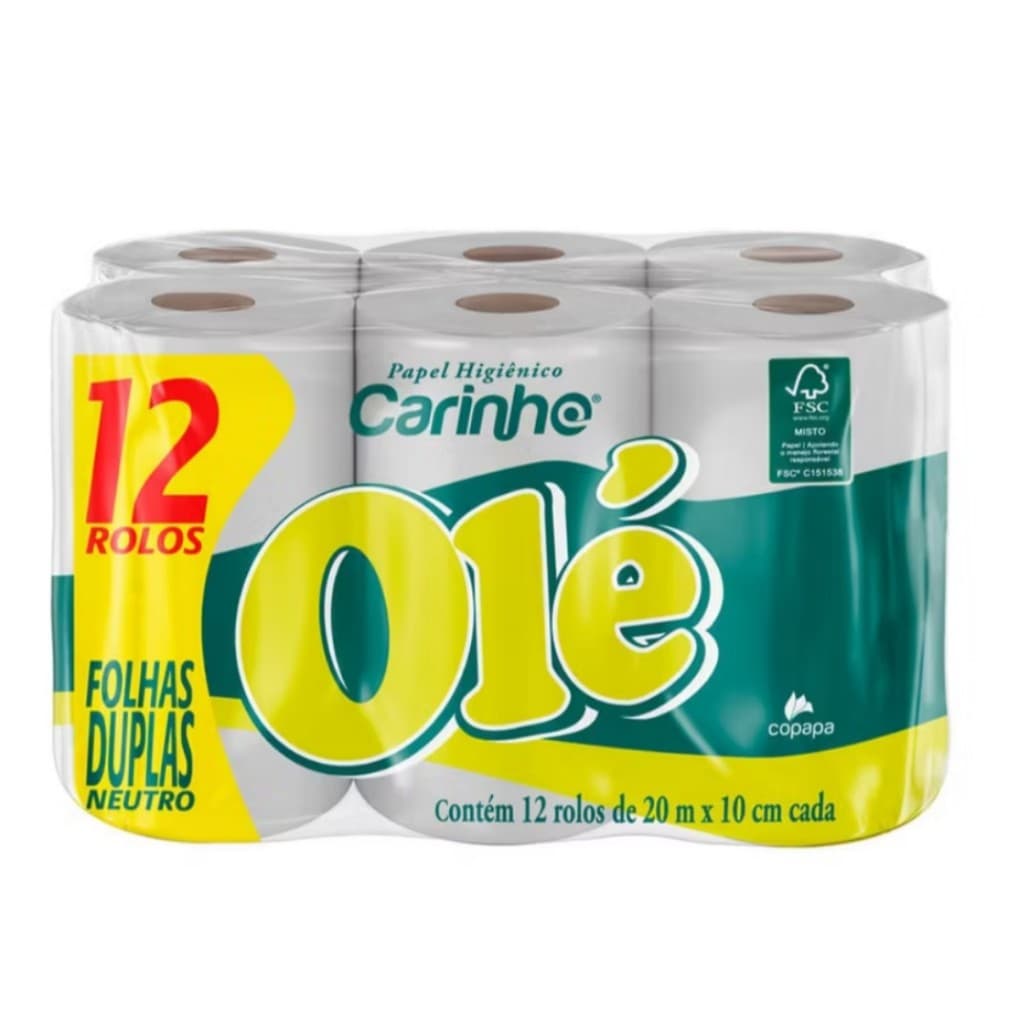 Carinho Papel Higiénico Olé Folhas Duplas Neutro 12 Unidades 20 m x 10 cm Cada