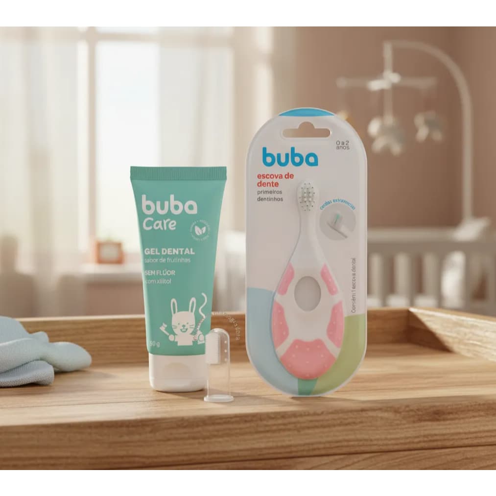 Gel dental buba + Escovinha de Dente Buba Higiene Bucal Bebê Escova Dente Rosa Azul Primeiros Dentinhos