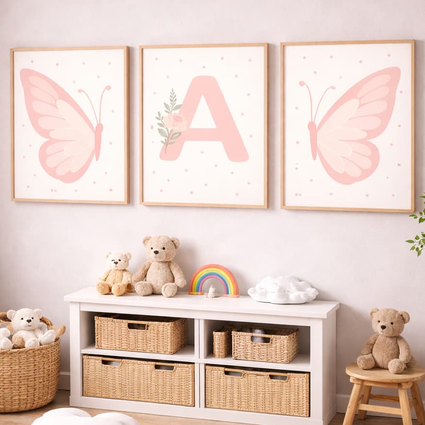 Kit 3 Quadros Decorativos Parede Quarto Infantil Feminino Letras Personalizadas Tons Rosas Borboleta