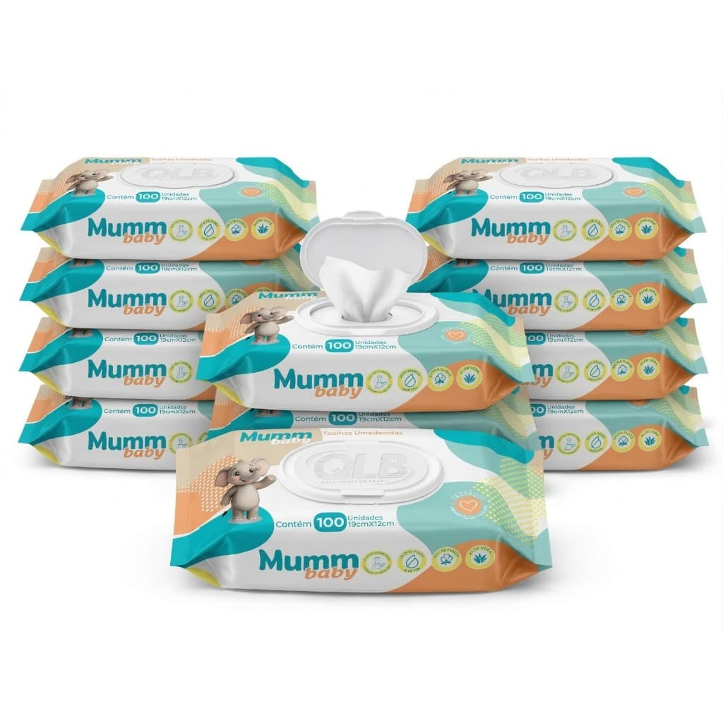 Caixa com 10 Lenços/Toalhas Umedecidas Mumm Baby c/ 100 Unidades Cada – Tampa FlipTop