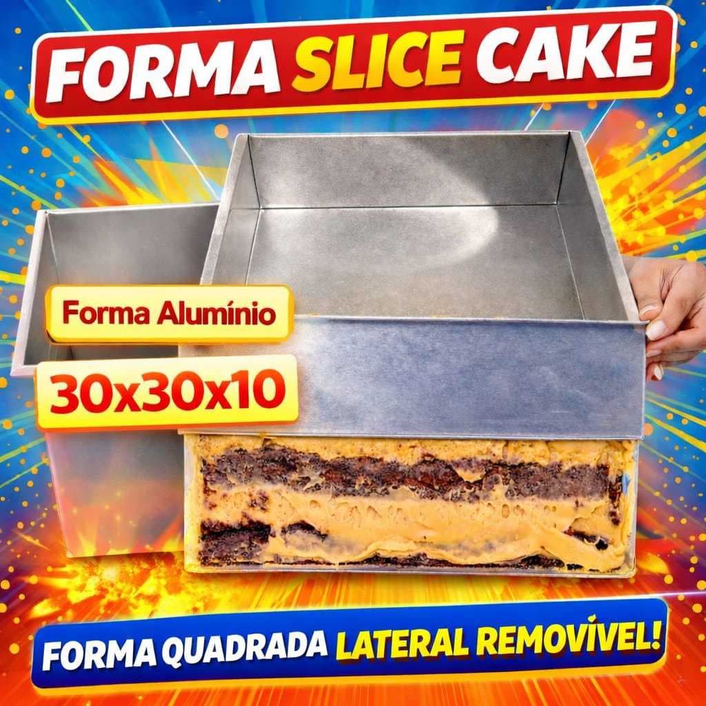 Forma Slice Cake Quadrada Alumínio 1 Lateral Removível  30x 30x10 Kit Forma de Bolo