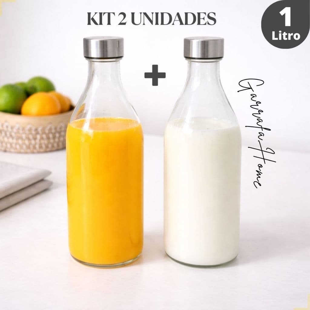 Kit Garrafas de Vidro 1 Litro Tampa Inox Para Água Suco Leite Geladeira Jarra Fechamento Hermético