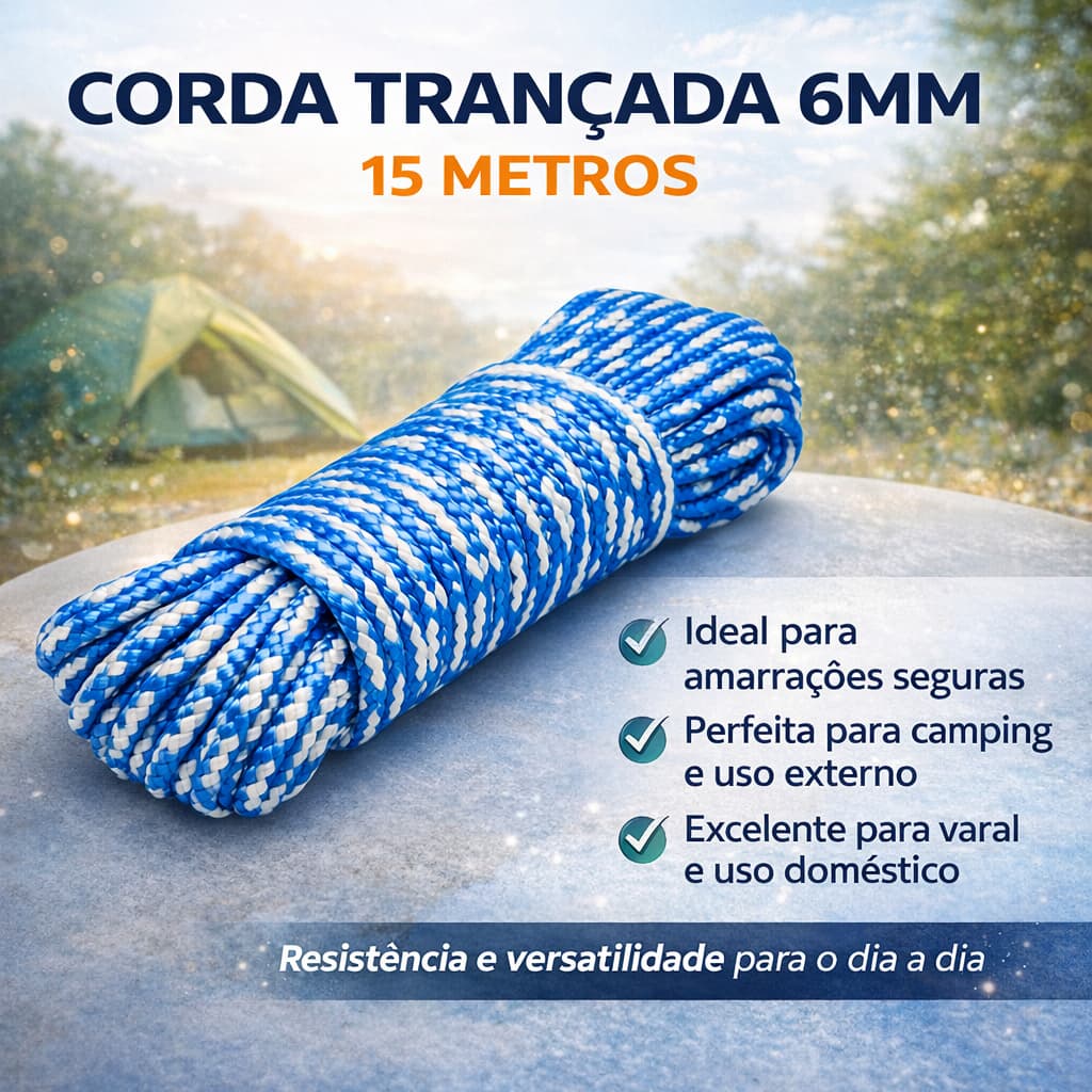 Corda Multiuso Trançada 6mm 15m Amarração Camp Pesca Varal