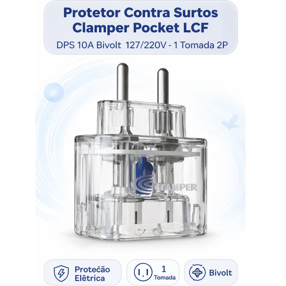 Protetor Contra Surtos Clamper Pocket LCF DPS 10A Bivolt 127/220V 1 Tomada 2P