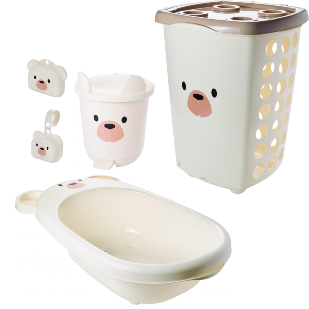 Kit Cesto de Roupa 38L, Saboneteira com Tampa e Porta Chupeta Para Bebês URSO CARAMELO