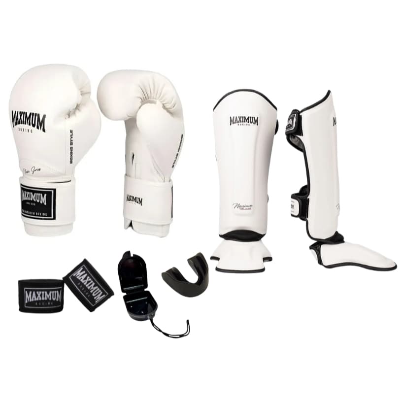 KIT LUVA NEW CLASSIC BRANCA MAXIMUM, CANELEIRA BRANCA MAXIMUM, BANDAGEM 3M, PROTETOR BUCAL- BOXE, MUAY THAI