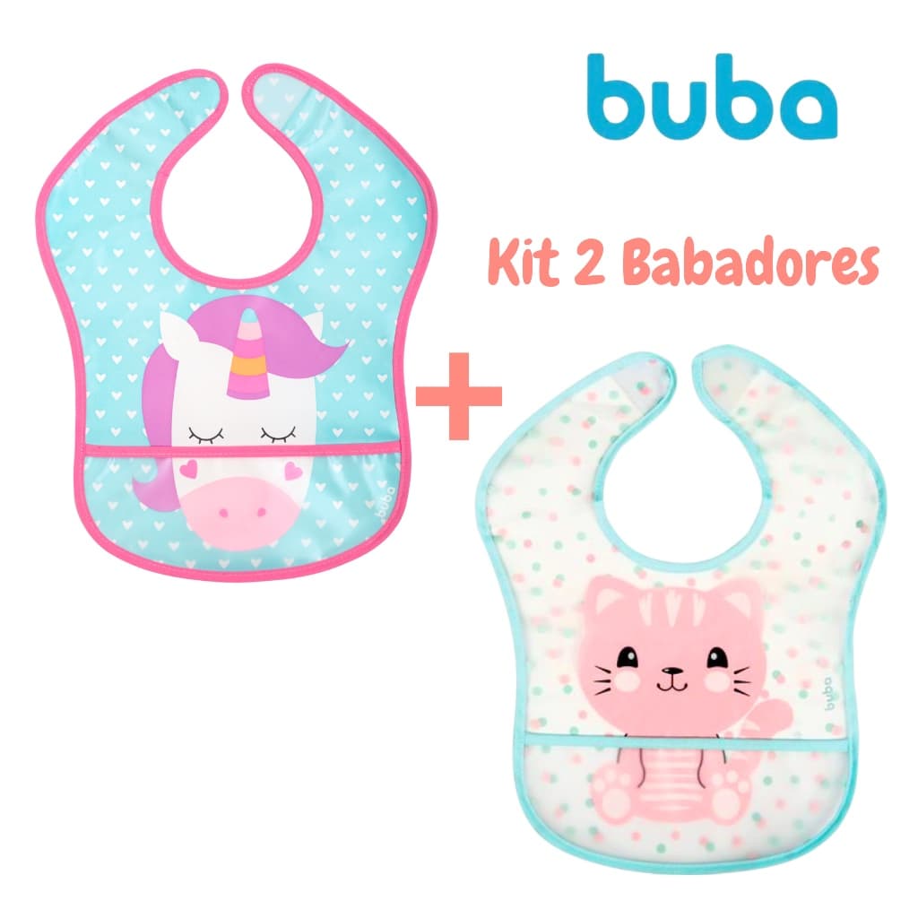 Kit 2 Babadores Impermeáveis Buba com Bolso Pega Migalhas - Silicone Macio Ajustável Bebê