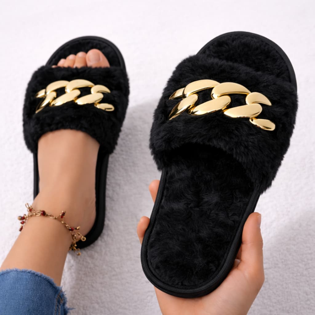 Pantufa feminina Aberta Luxo Com Corrente Toda de Pelúcia Solado Antiderrapante