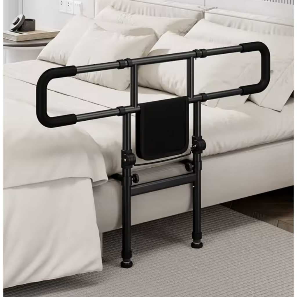 Grade de Proteção e Barra de Apoio Rebatível Dobrável Preta Para Cama Idoso Acamado
