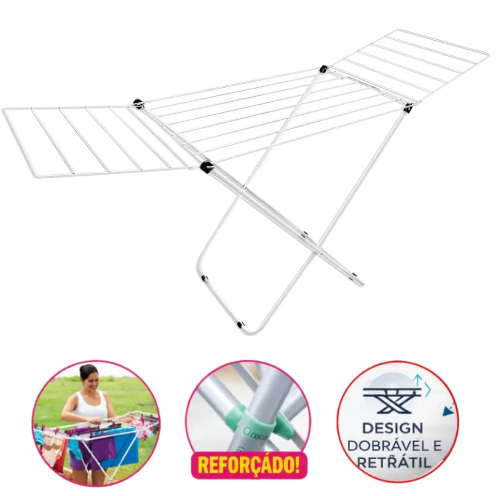 Varal De Chão Com Abas Dobrável Retrátil P/ Roupas Reforçado Compacto Resistente Grande Não Enferruja