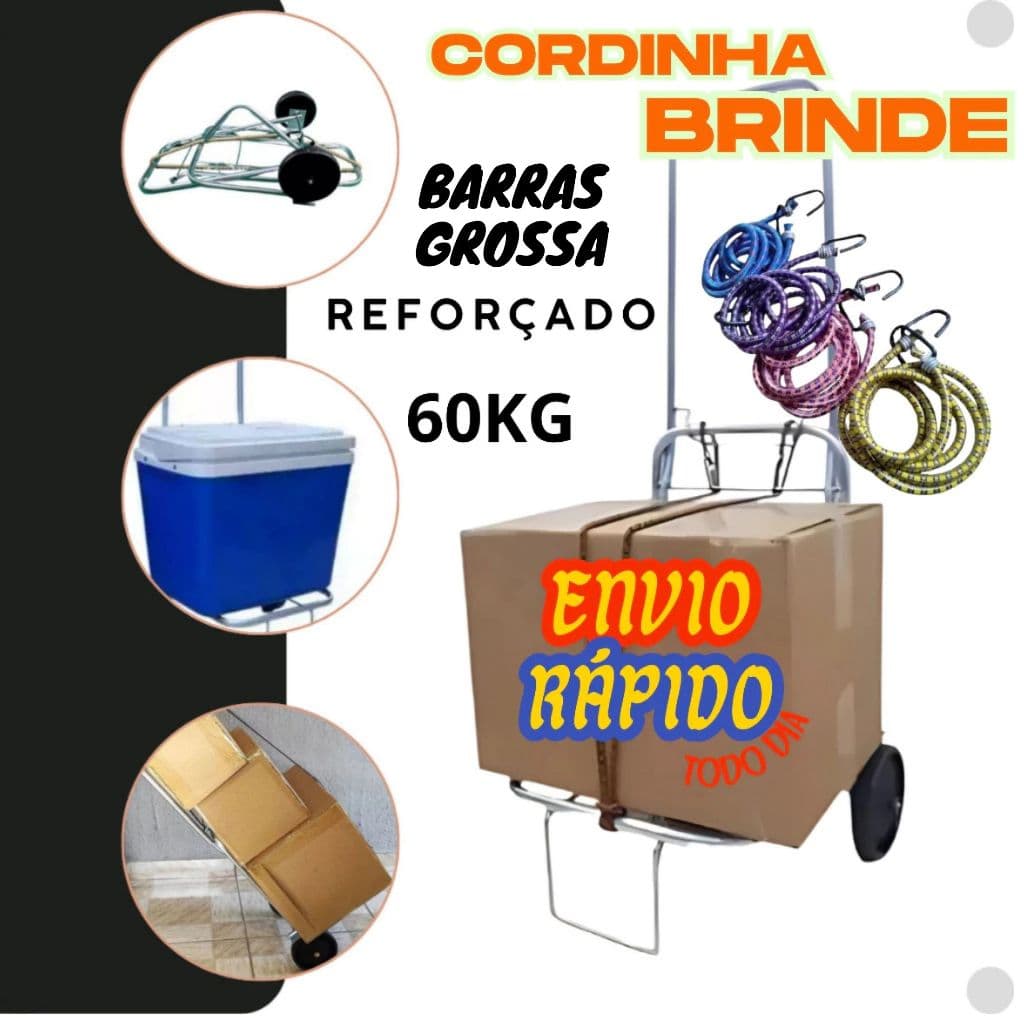 Carrinho de Carga Cooler Caixa Dobrável Plataforma Até 60kg Cromado Carrinho Maleiro Praia Cooler