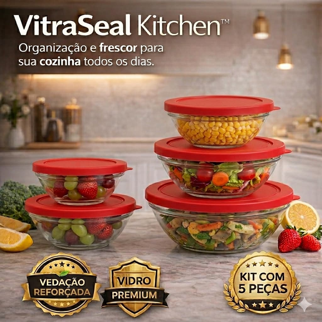 🔥Kit 5 Potes de Vidro com Tampa Reforçada VitraSeal para Alimentos Organizador Geladeira e Cozinha🚀