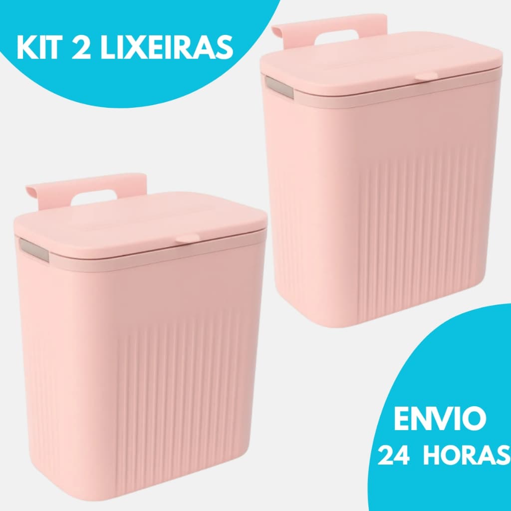 Kit 2 Lixeiras Suspensa Cesto 09 Litros Com Tampa Cozinha Rose Preto Suporte