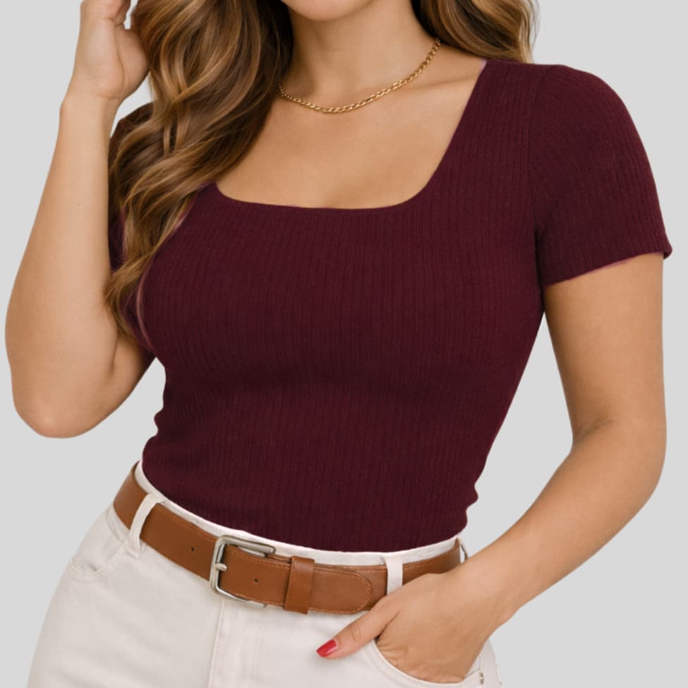 Blusa Feminina Decote Quadrado Blusinha Canelada Básica Manga Curta Trabalho Elegante Dia a Dia